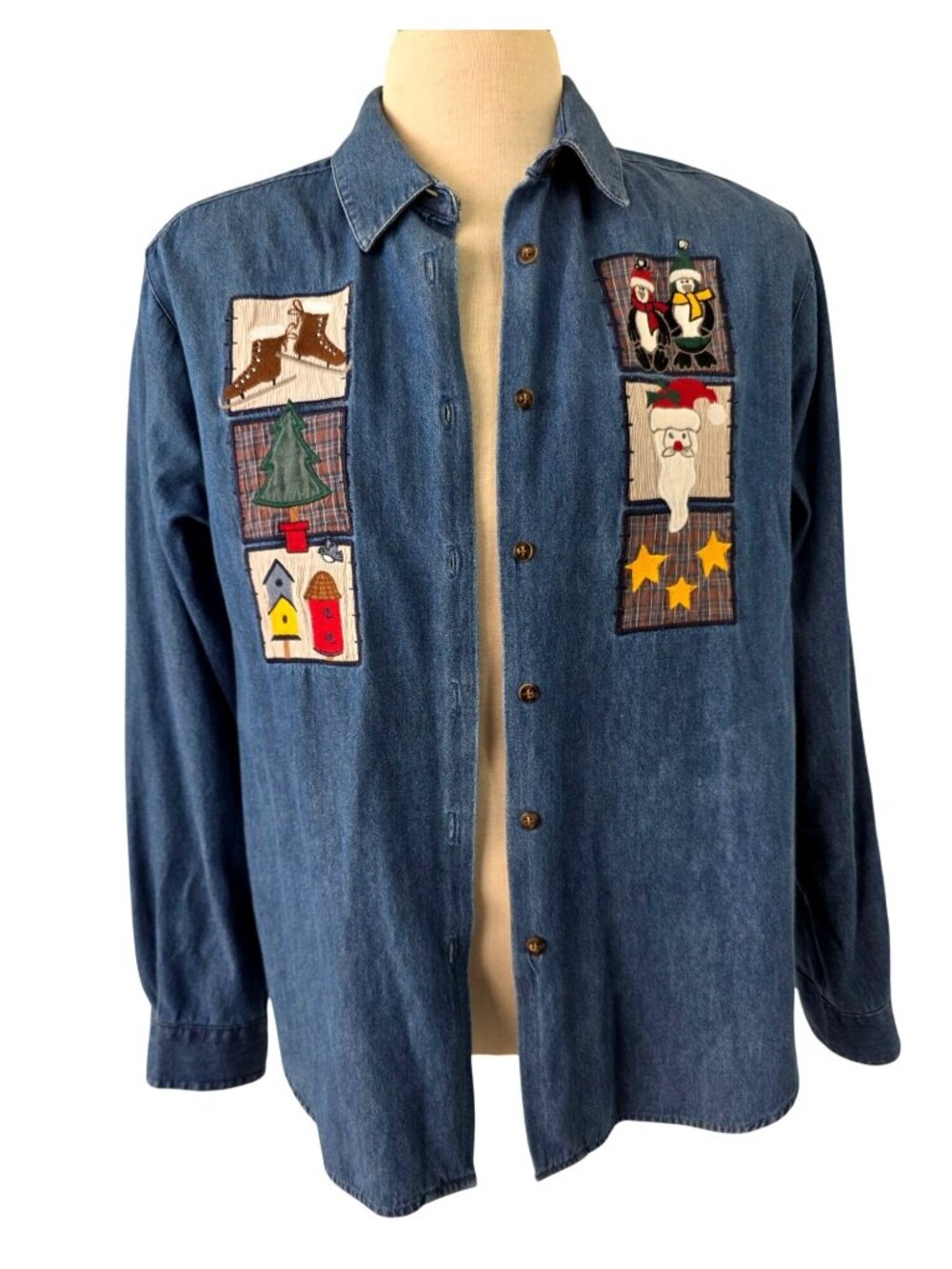 Vintage 90s Karen Scott Cotton Denim Shirt Womens S Christmas Applique Holiday